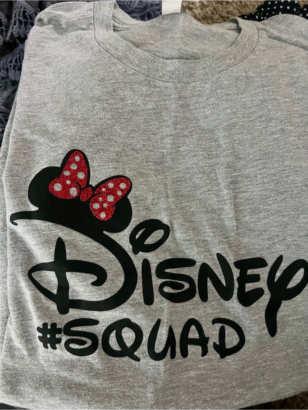 Disney Gray Short Sleeve Tee with Red Glitter Bow Accent